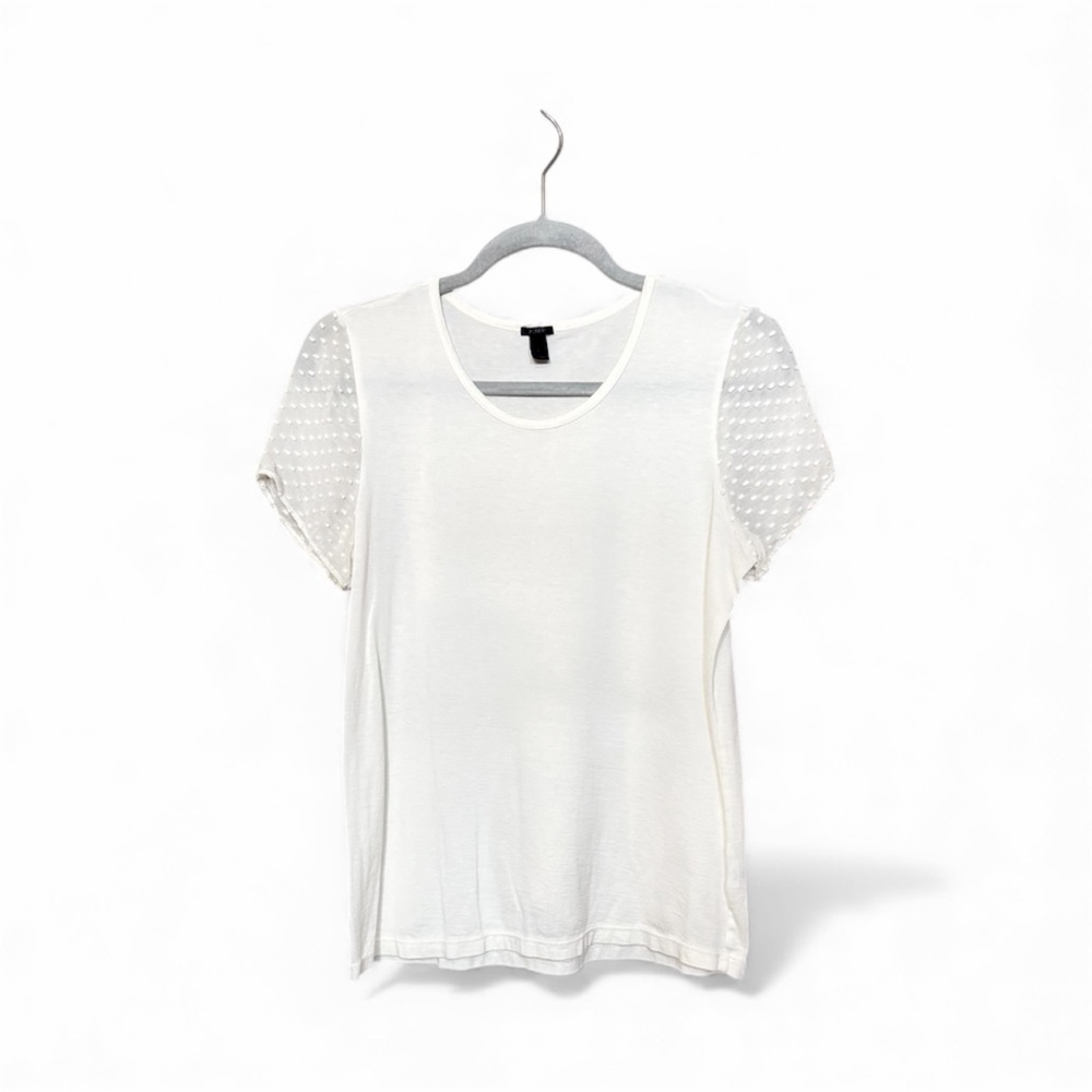 J. Crew White Tee Shirt with Silk Swiss Dot Sleeves Sz S